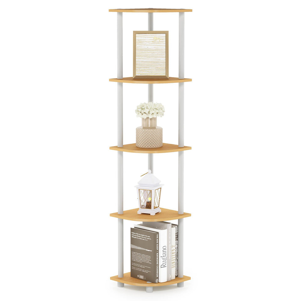 Furinno Turn-N-Tube corner shelf assembly view, tool-free setup