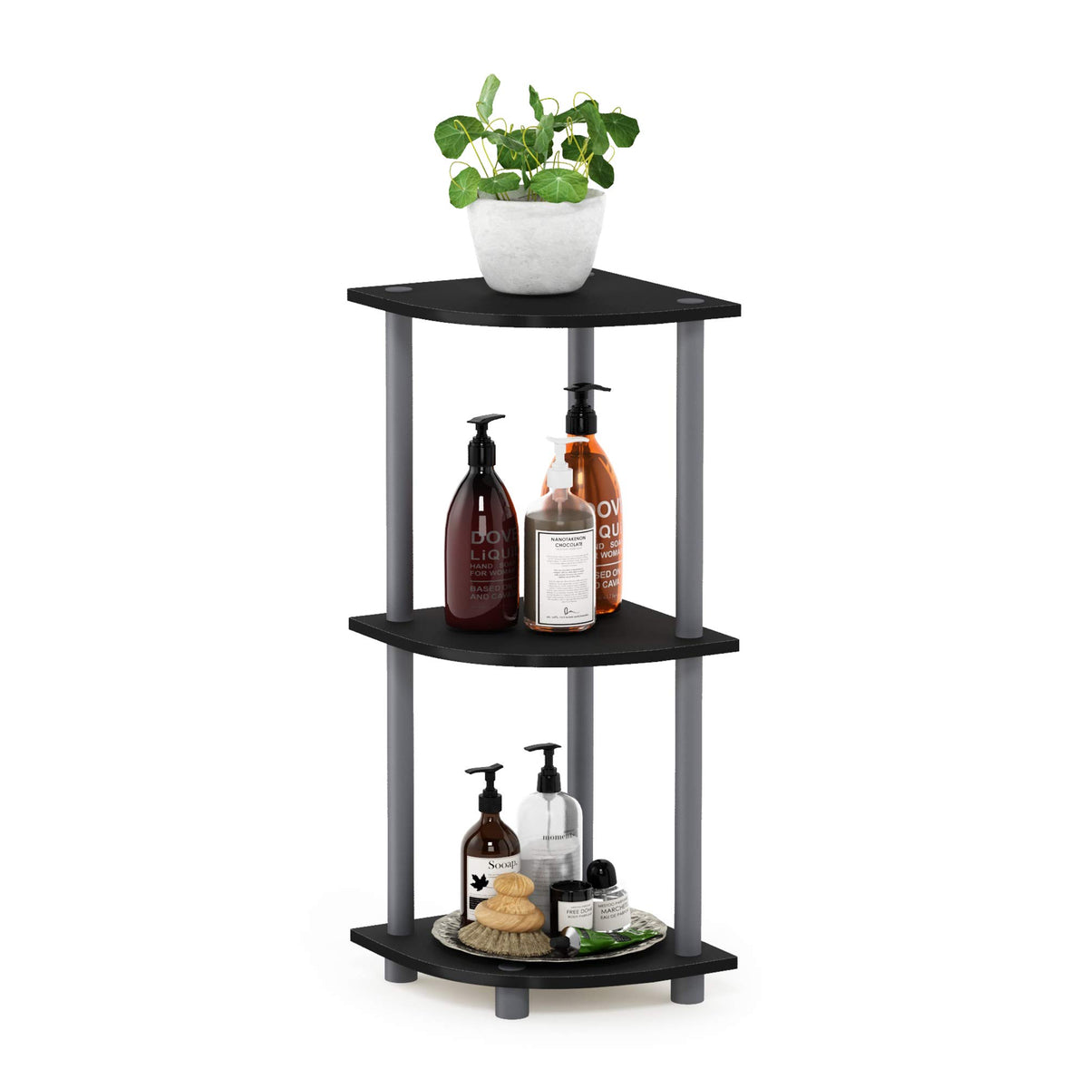 Furinno Turn-N-Tube corner shelf assembly view showing tool-less setup for quick installation
