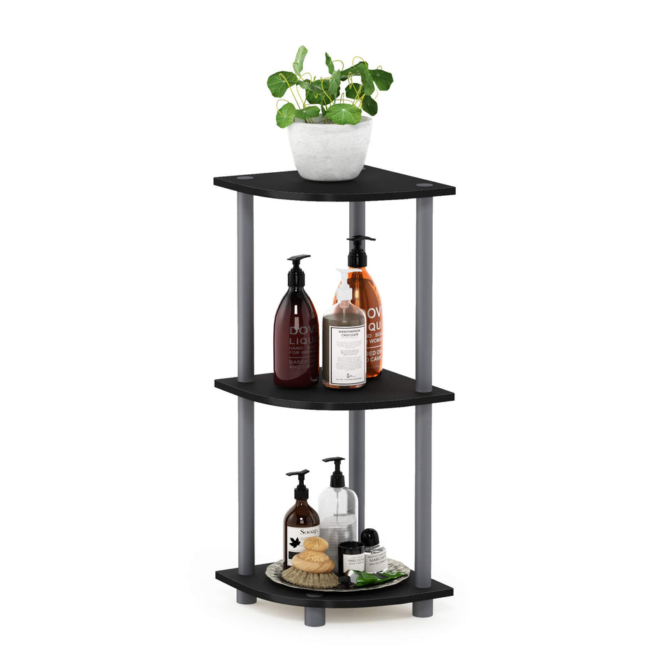 Furinno Turn-N-Tube corner shelf assembly view showing tool-less setup for quick installation