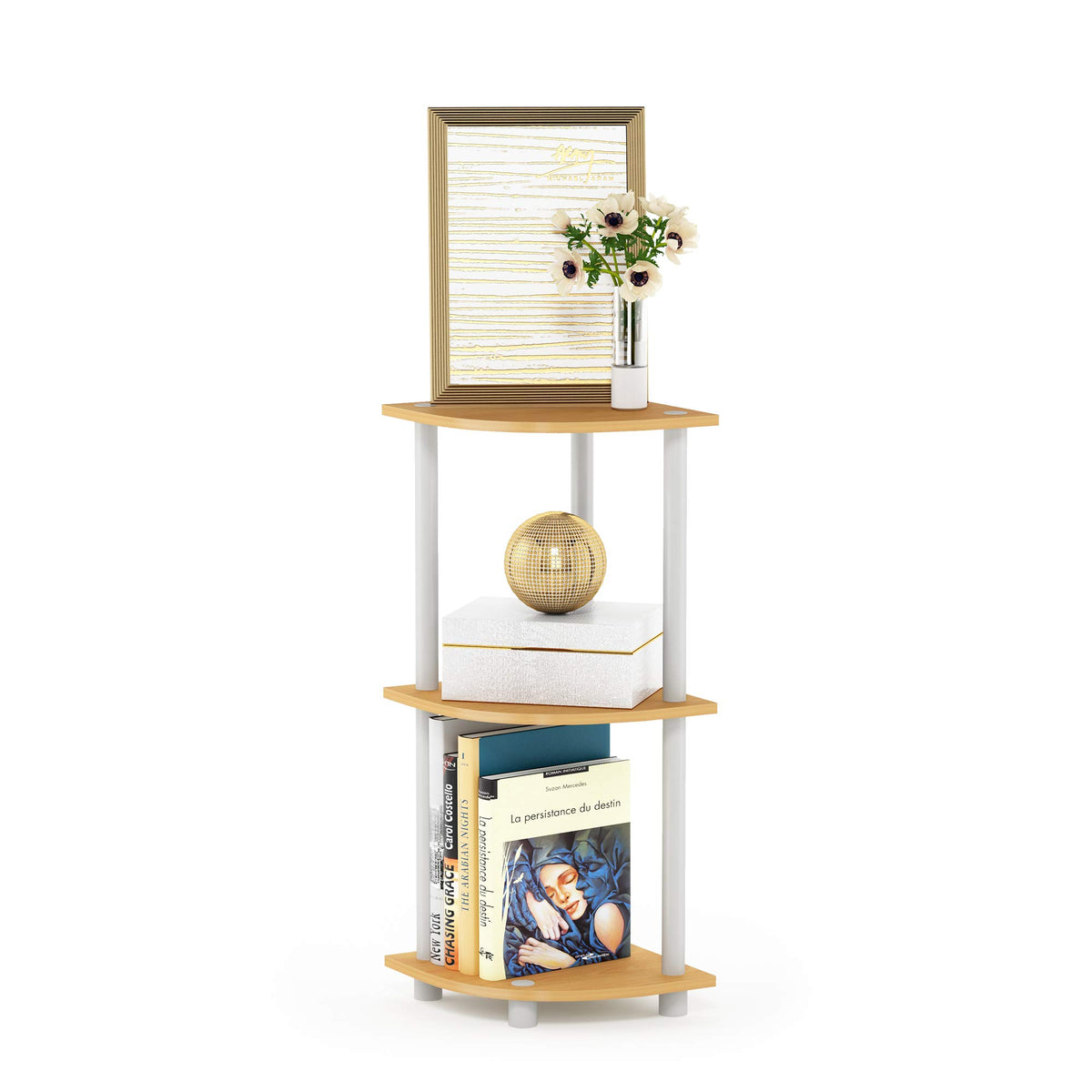 Furinno Turn-N-Tube corner shelf in beech showing space-saving design