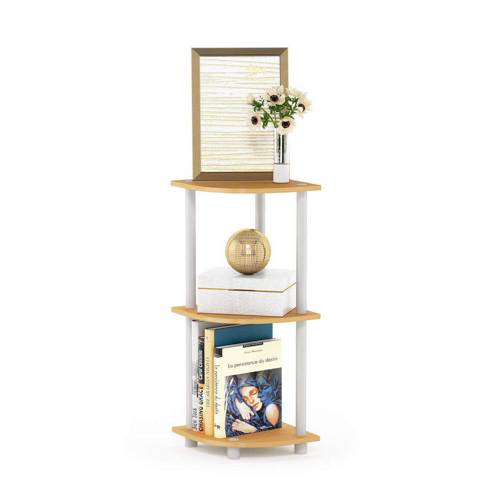 Furinno Turn-N-Tube corner shelf in beech showing space-saving design