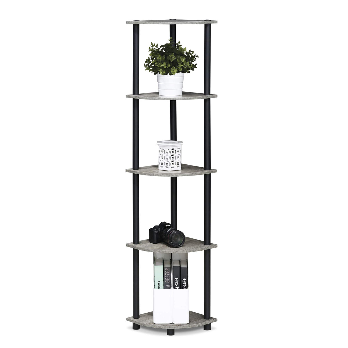 Furinno Turn-N-Tube organized shelf with frames and essentials