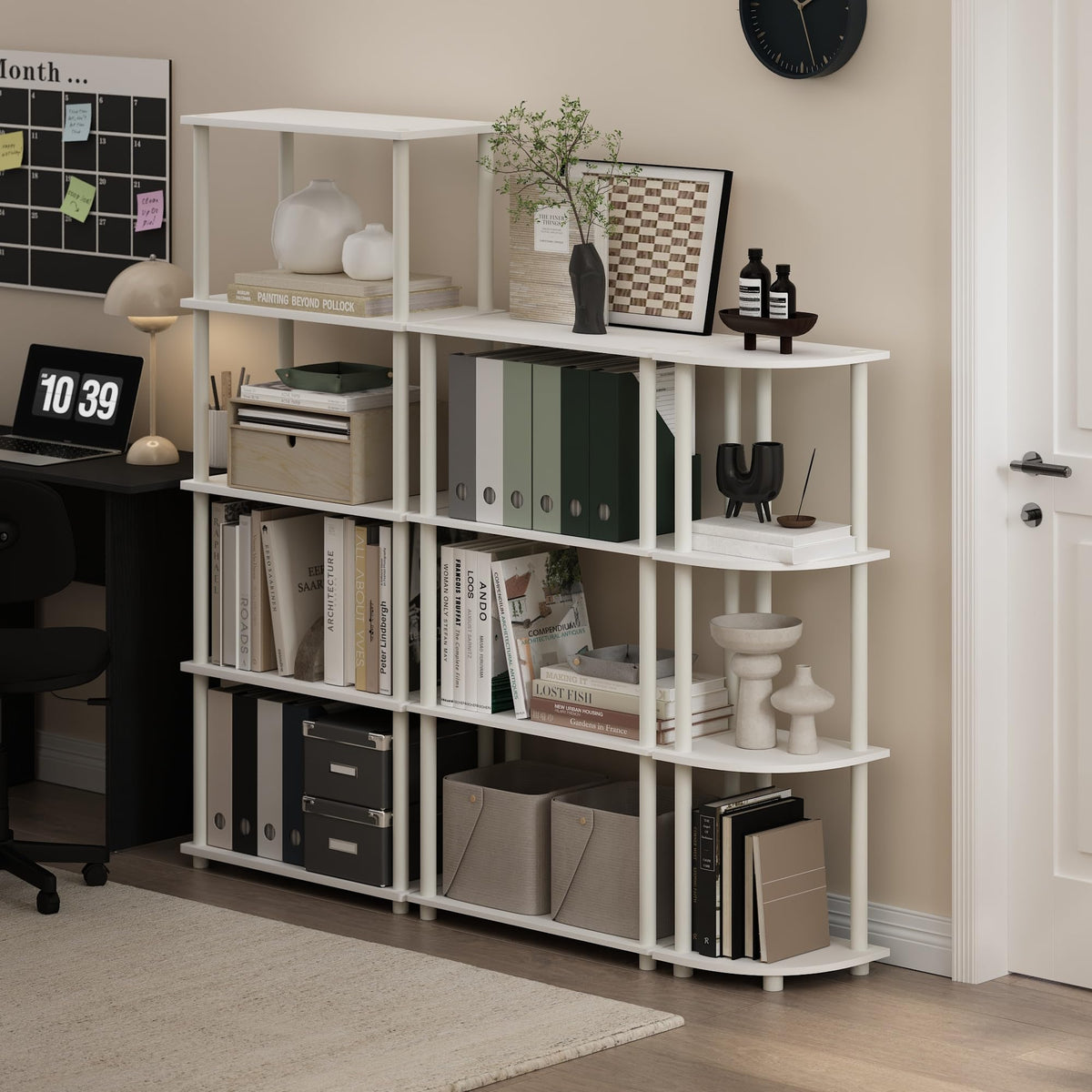 Furinno Turn-N-Tube shelf on display uses open shelves for books and decor.