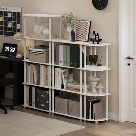 Furinno Turn-N-Tube shelf on display uses open shelves for books and decor.