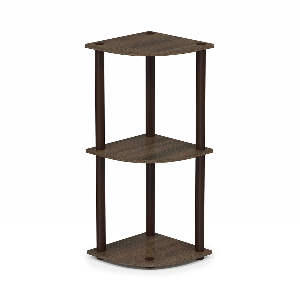 Furinno Turn-N-Tube corner shelf with wood-style shelves for space-saving storage.