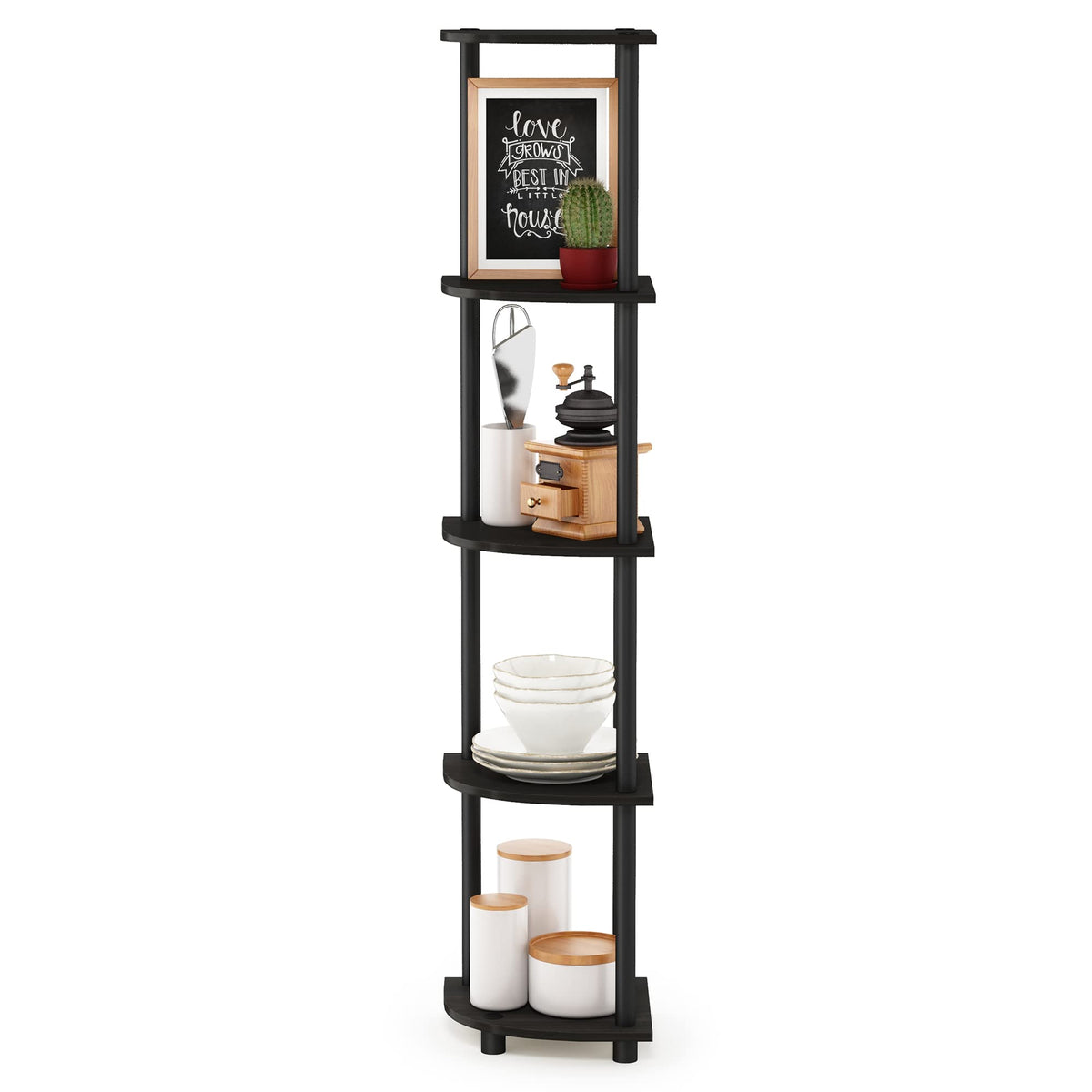 Espresso finish on Turn-N-Tube corner shelf adds modern style to living space.