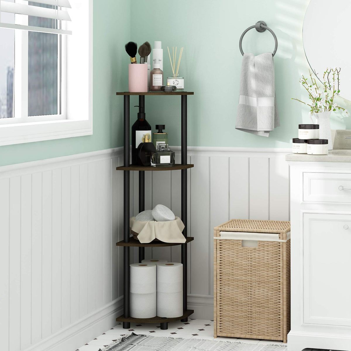 Furinno Turn-N-Tube open display shelves showing books and decor