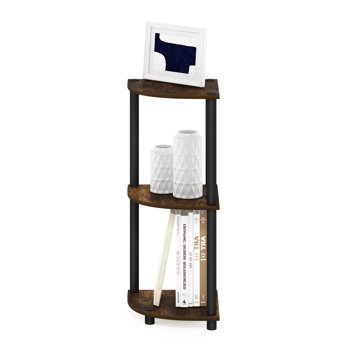 Furinno Turn-N-Tube living room display optimizes vertical storage and organization.