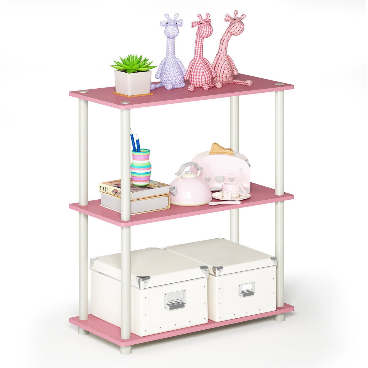Furinno Turn-N-Tube living room display in pink for tidy, stylish accents.
