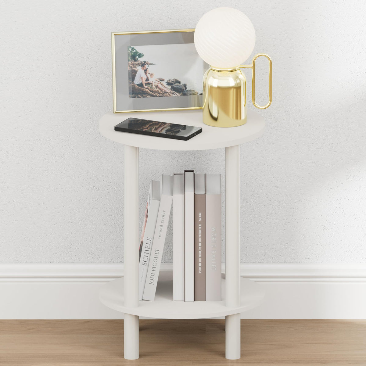 Furinno Turn-N-Tube night stand open-back design fits slim spaces.