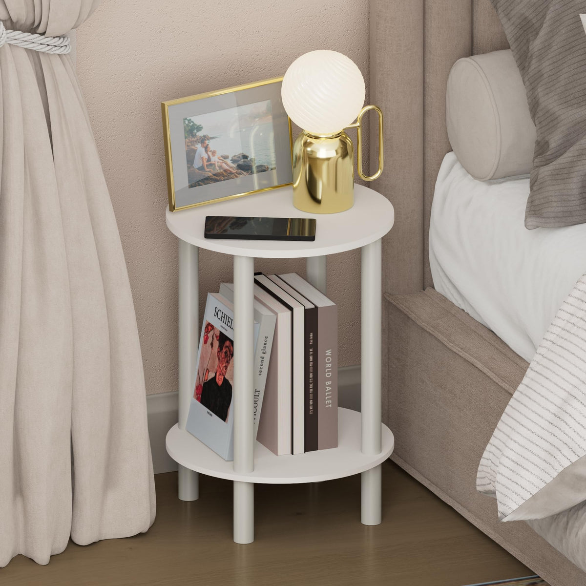 Furinno Turn-N-Tube night stand with round top for compact bedside storage.