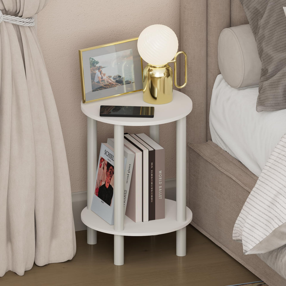 Furinno Turn-N-Tube night stand with round top for compact bedside storage.