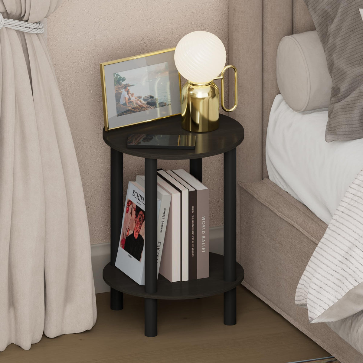 Furinno Turn-N-Tube nightstand round top, compact bedside storage for small spaces.
