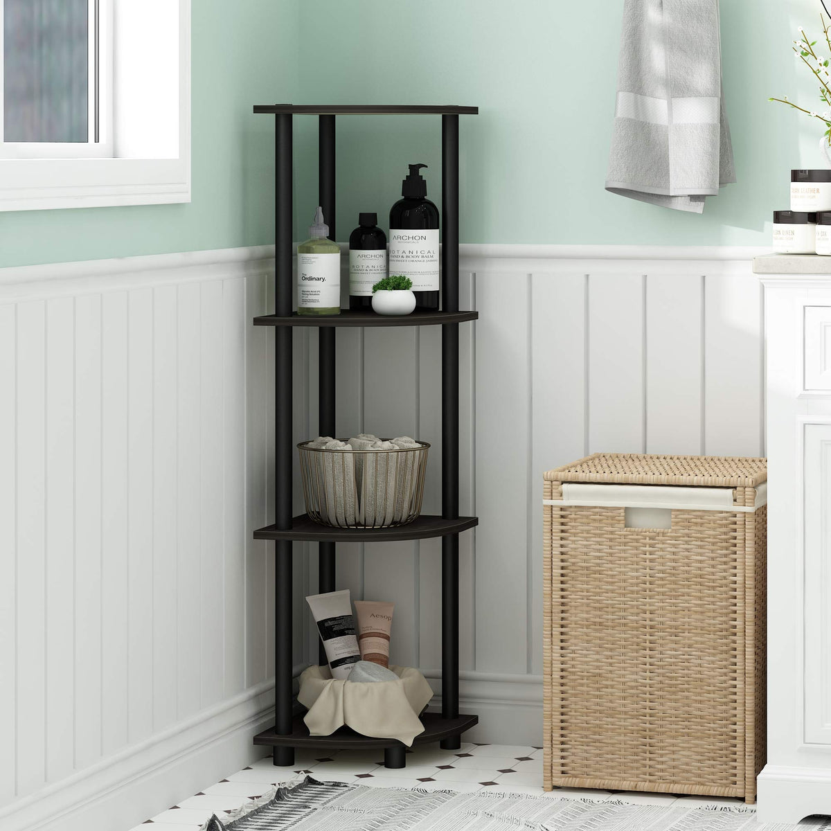 Furinno Turn-N-Tube displays plants and decor on open shelves, maximizing vertical space