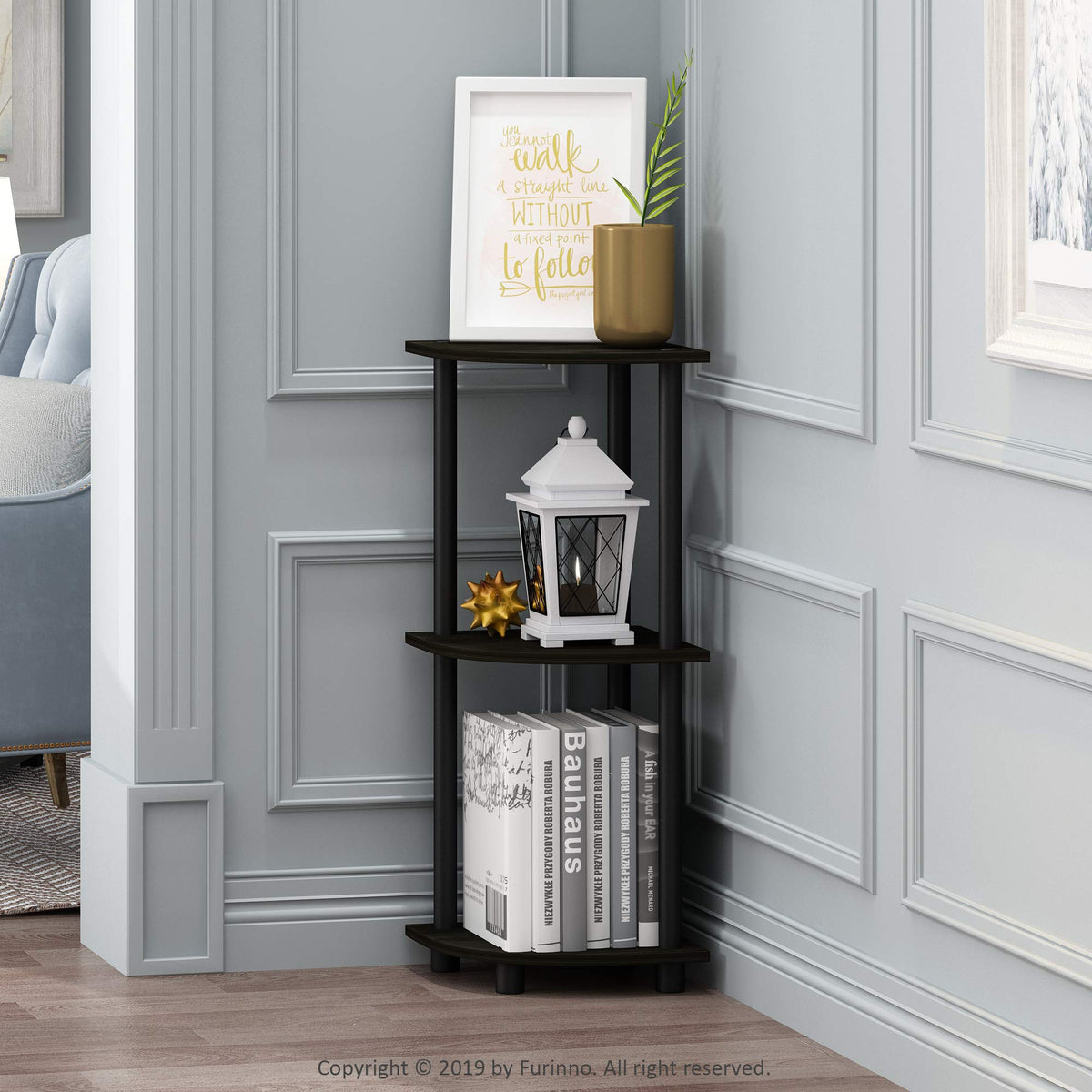 Furinno Turn-N-Tube open display shelves organize decor and books.