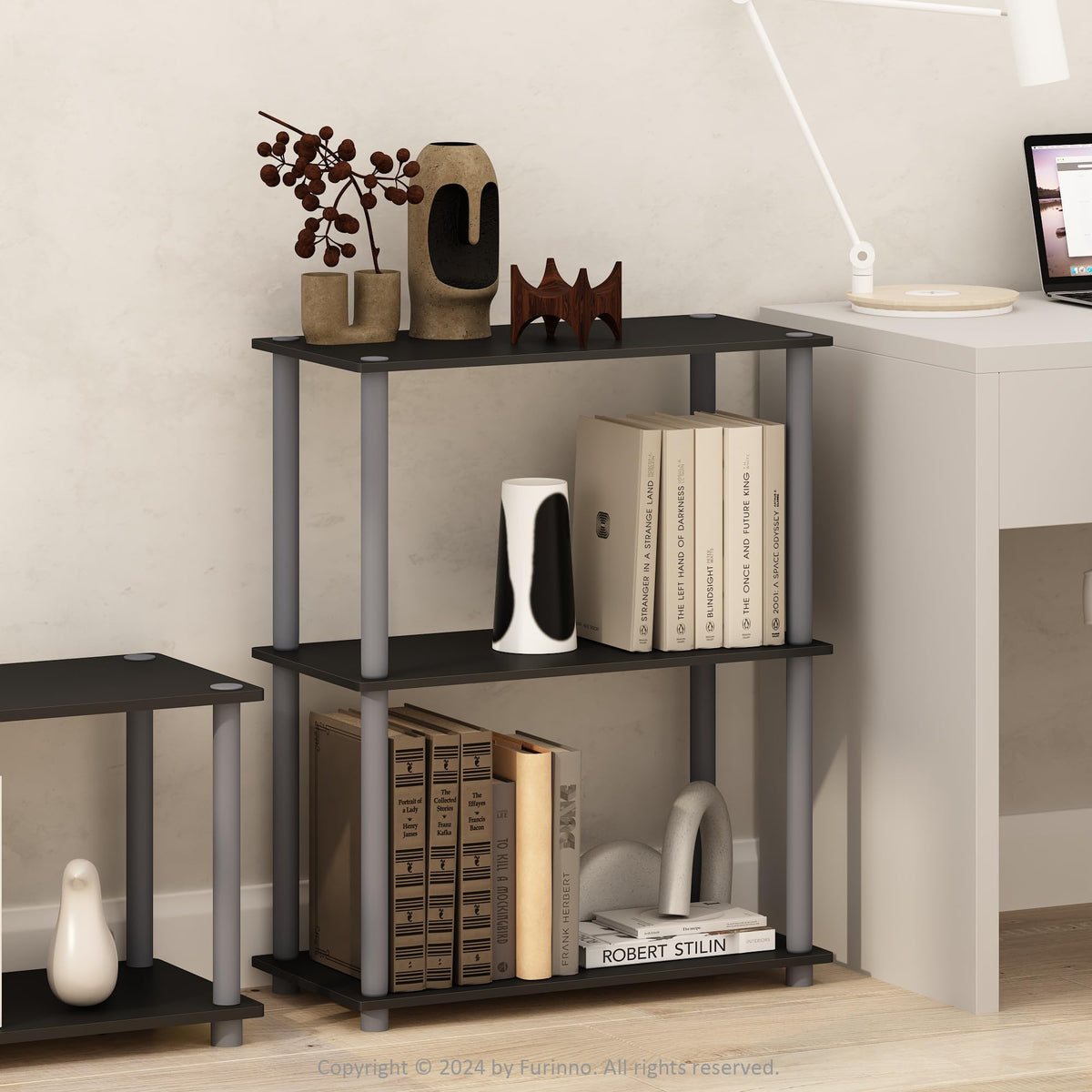 Furinno Turn-N-Tube 3-tier open shelves for easy access and display.