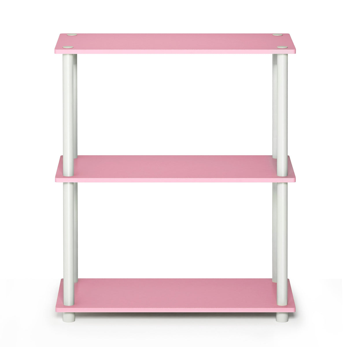 Furinno Turn-N-Tube open-shelves in pink provide visible storage and easy access.
