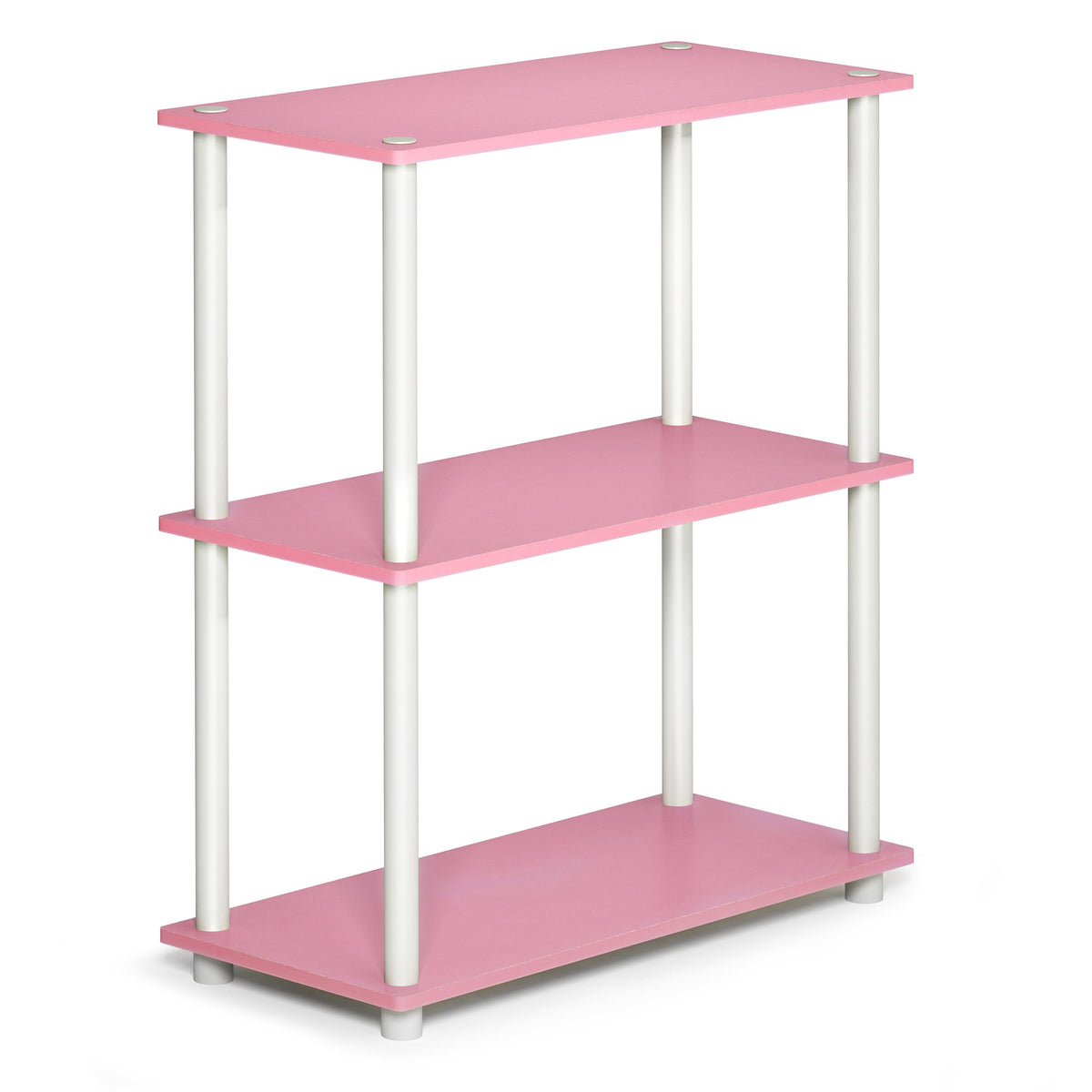 Furinno Turn-N-Tube pink 3-tier shelf saves space and adds color to small rooms.
