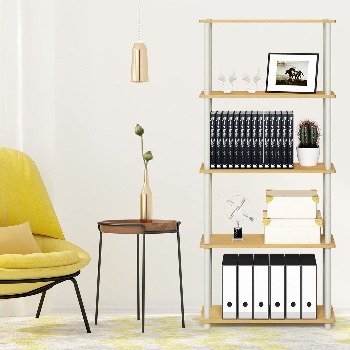 Furinno Turn-N-Tube shelf 5-tier storage beech showcases books and decor.