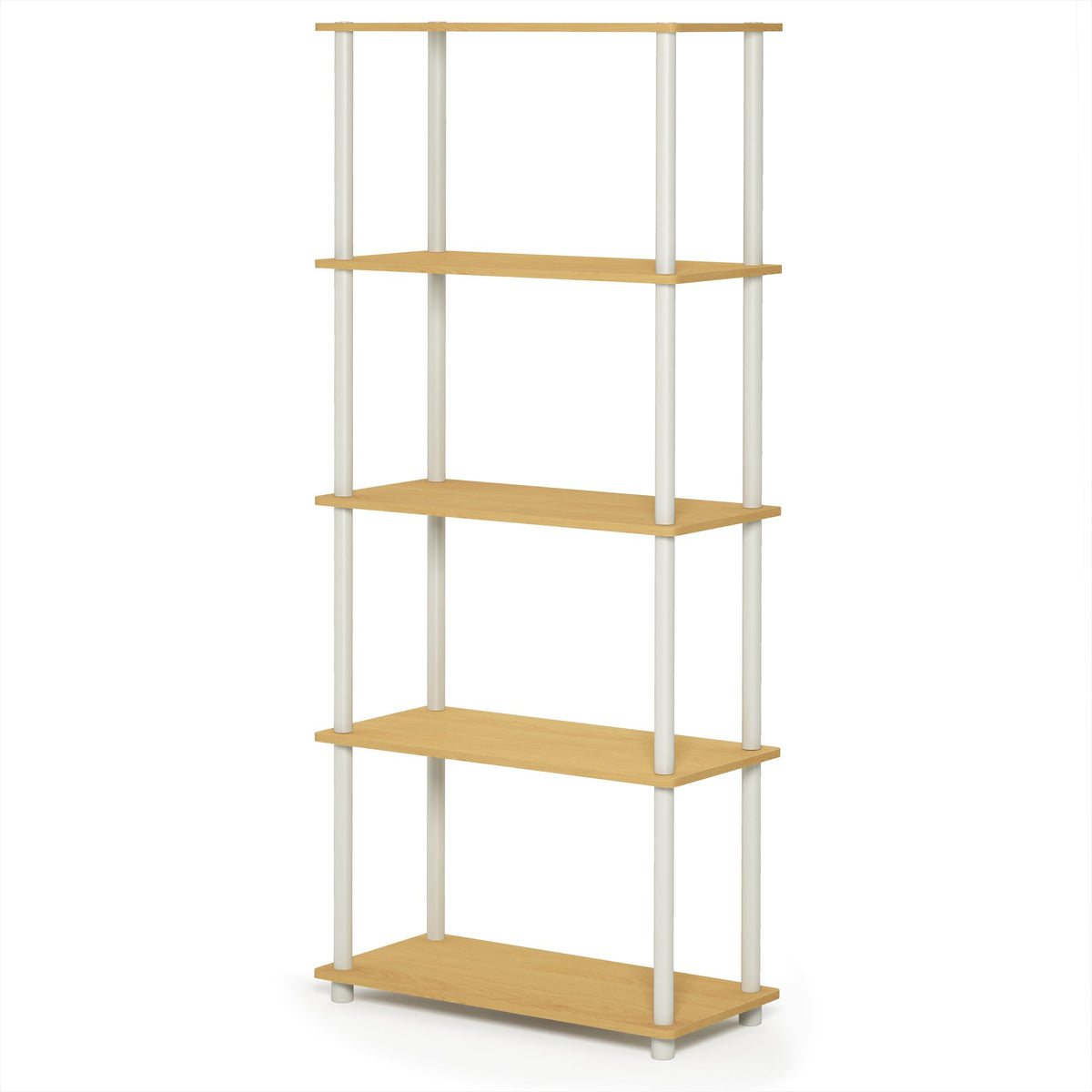Furinno Turn-N-Tube shelf open-shelves facilitate visible organization.