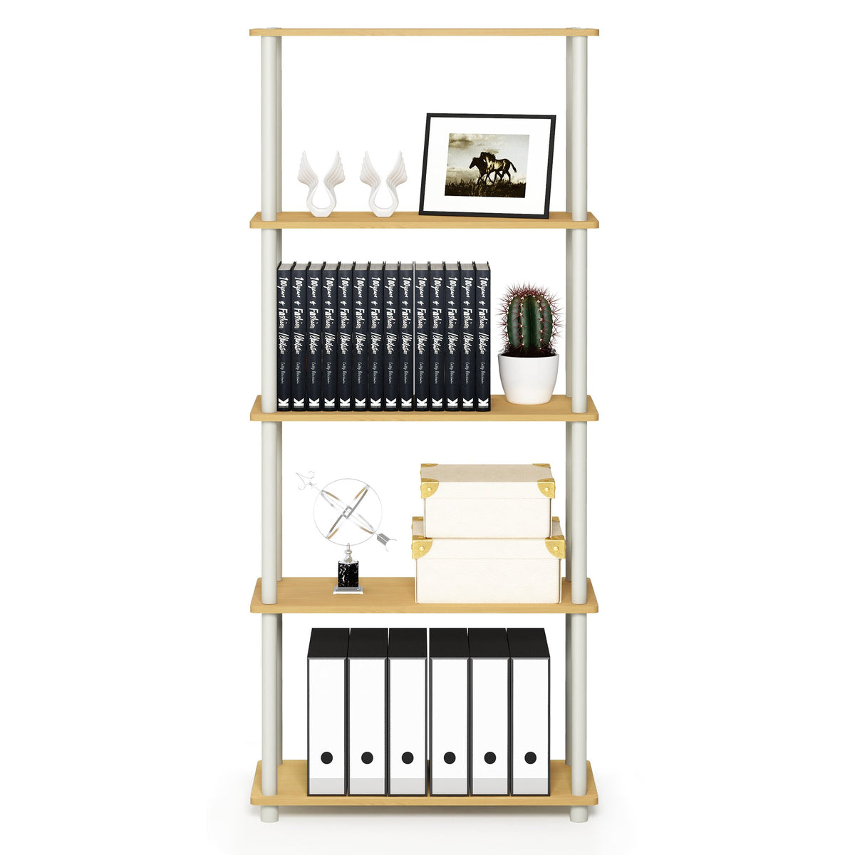 Furinno Turn-N-Tube shelf side-profile highlights slim corner fit.