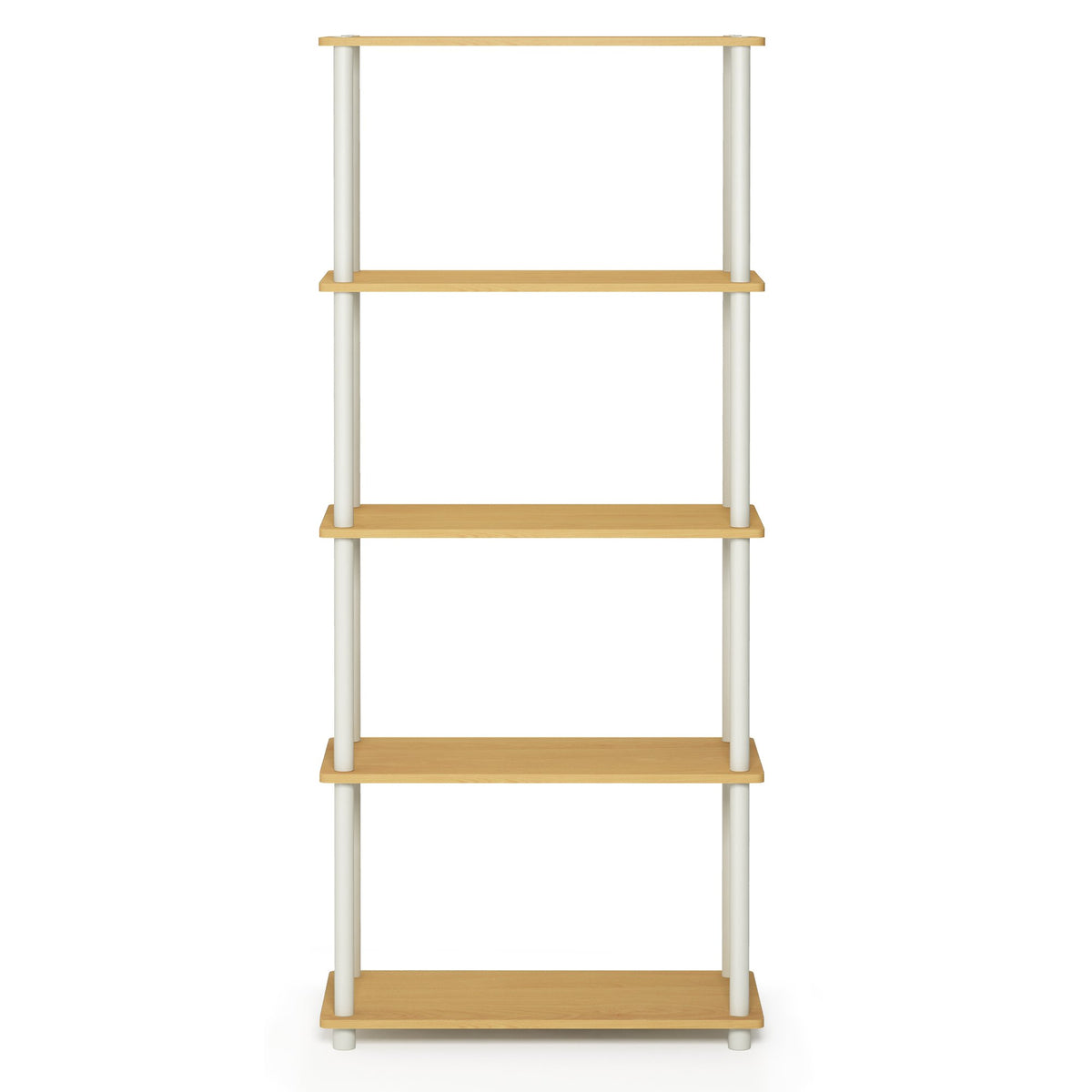 Furinno Turn-N-Tube shelf weight-capacity supports books and bins.