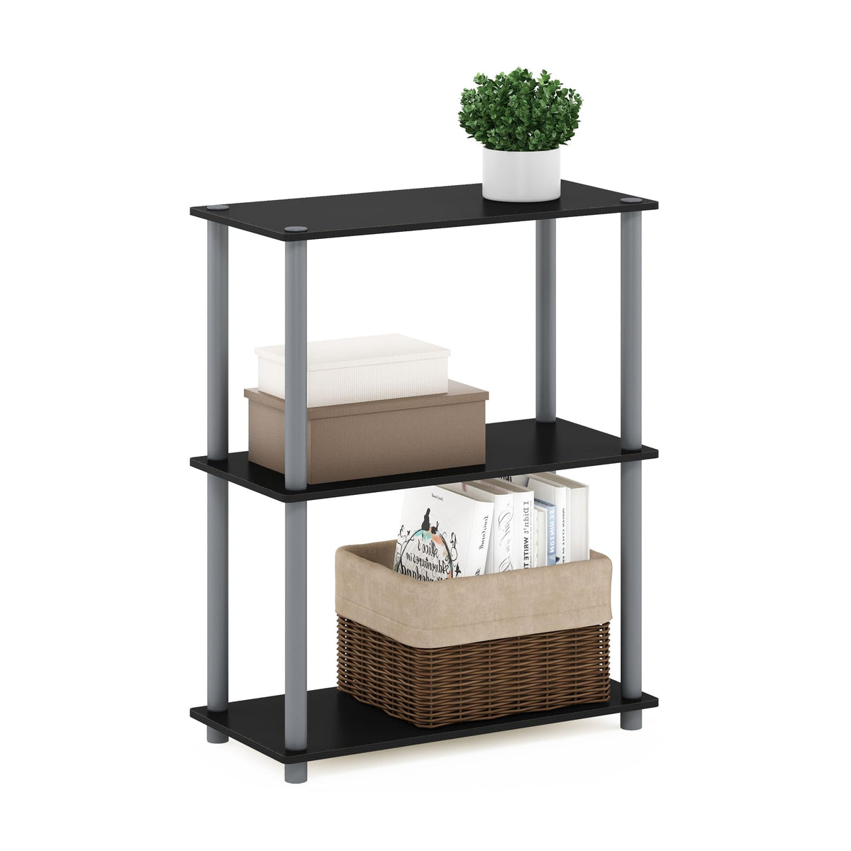 Furinno Turn-N-Tube corner shelf design maximizes tight spaces with organized storage.