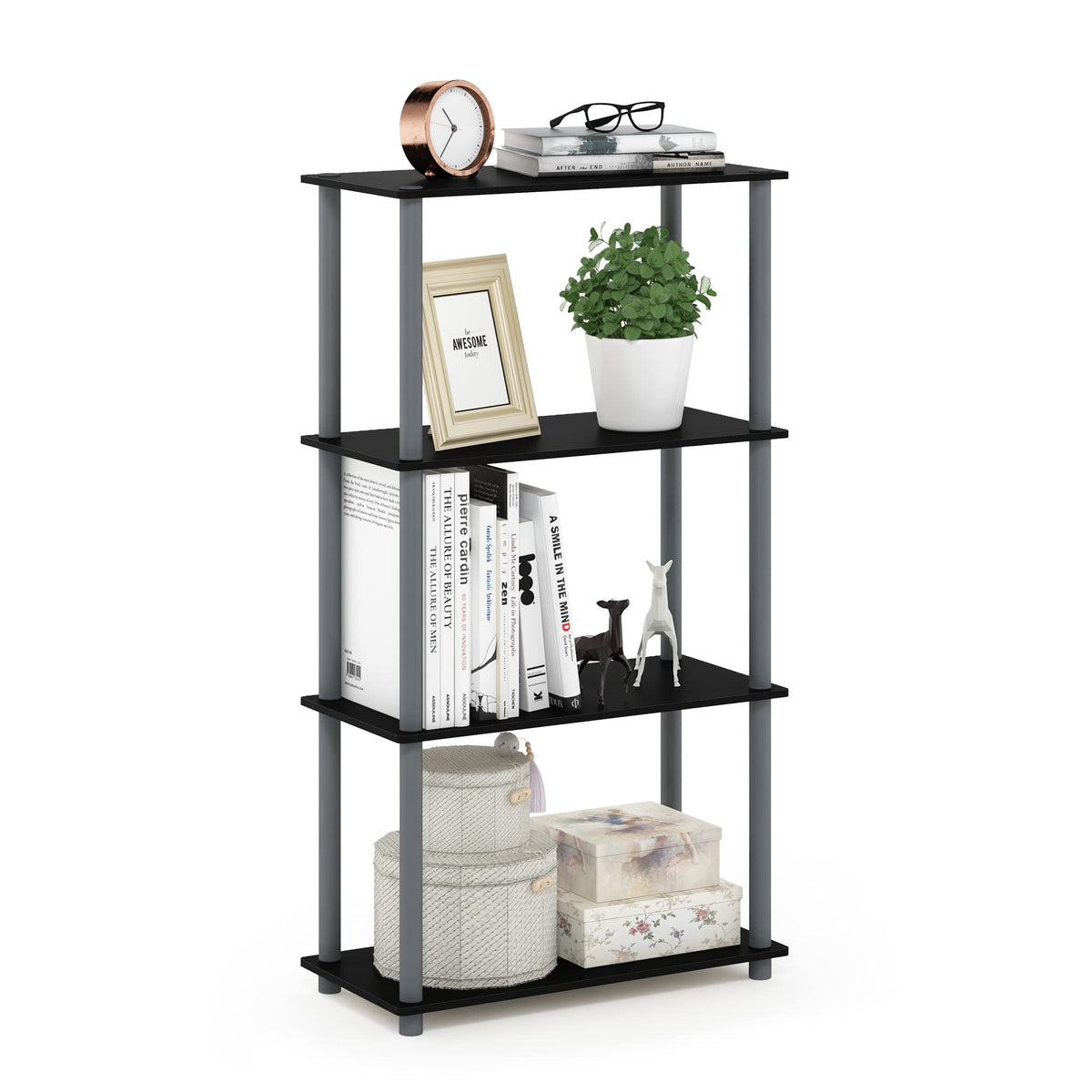 Furinno TURN-N-TUBE shelf front view in black highlights accessible storage for living room display.
