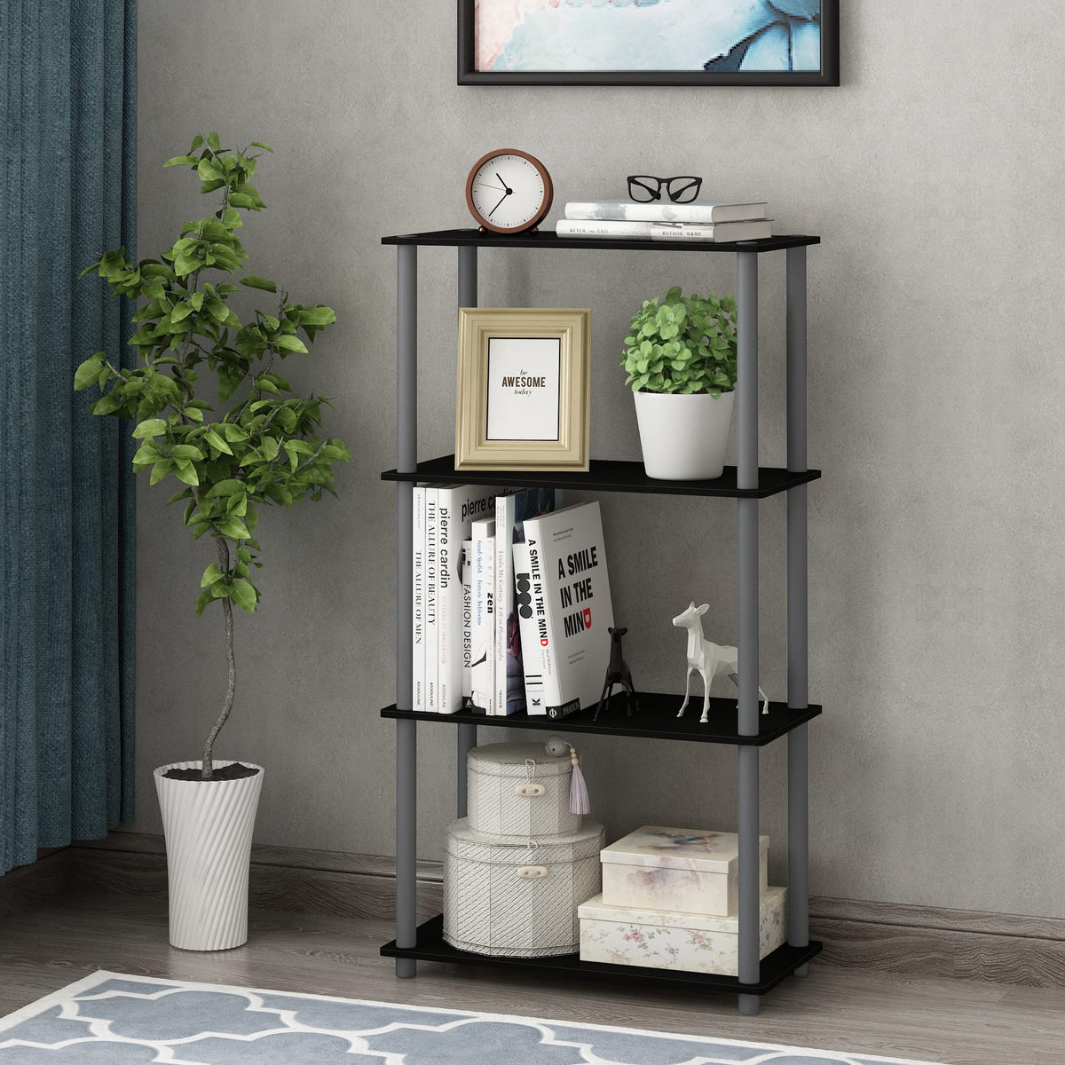 Furinno TURN-N-TUBE side view demonstrates slim footprint for tight spaces in black.