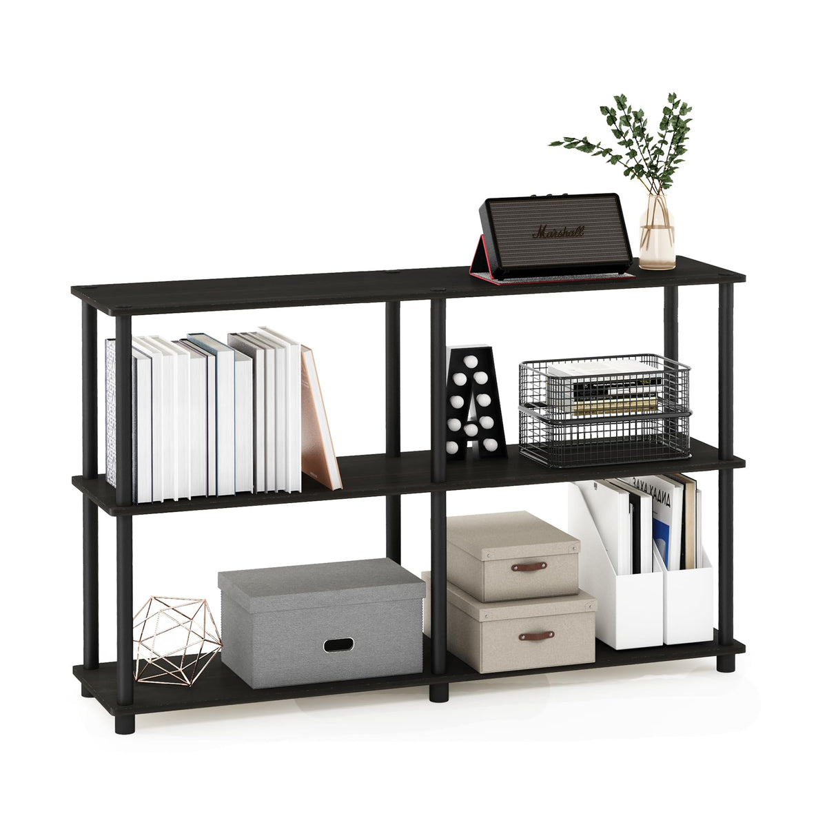 Furinno Turn-N-Tube demonstrates per-shelf weight capacity for books and baskets.