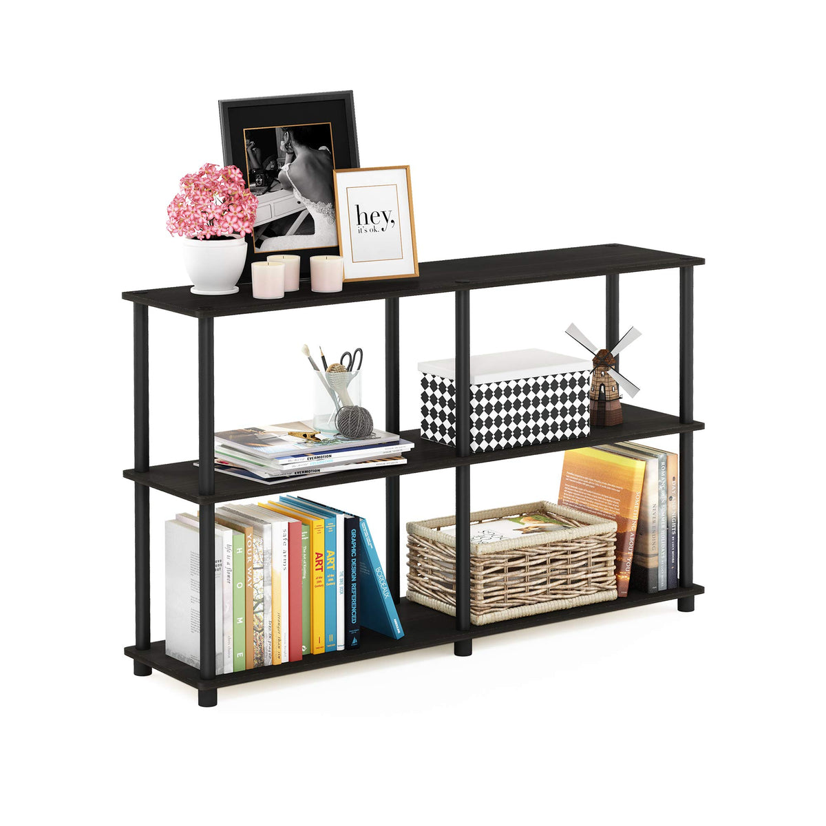 Furinno Turn-N-Tube 3-tier shelf with a wide open design for organized living spaces.