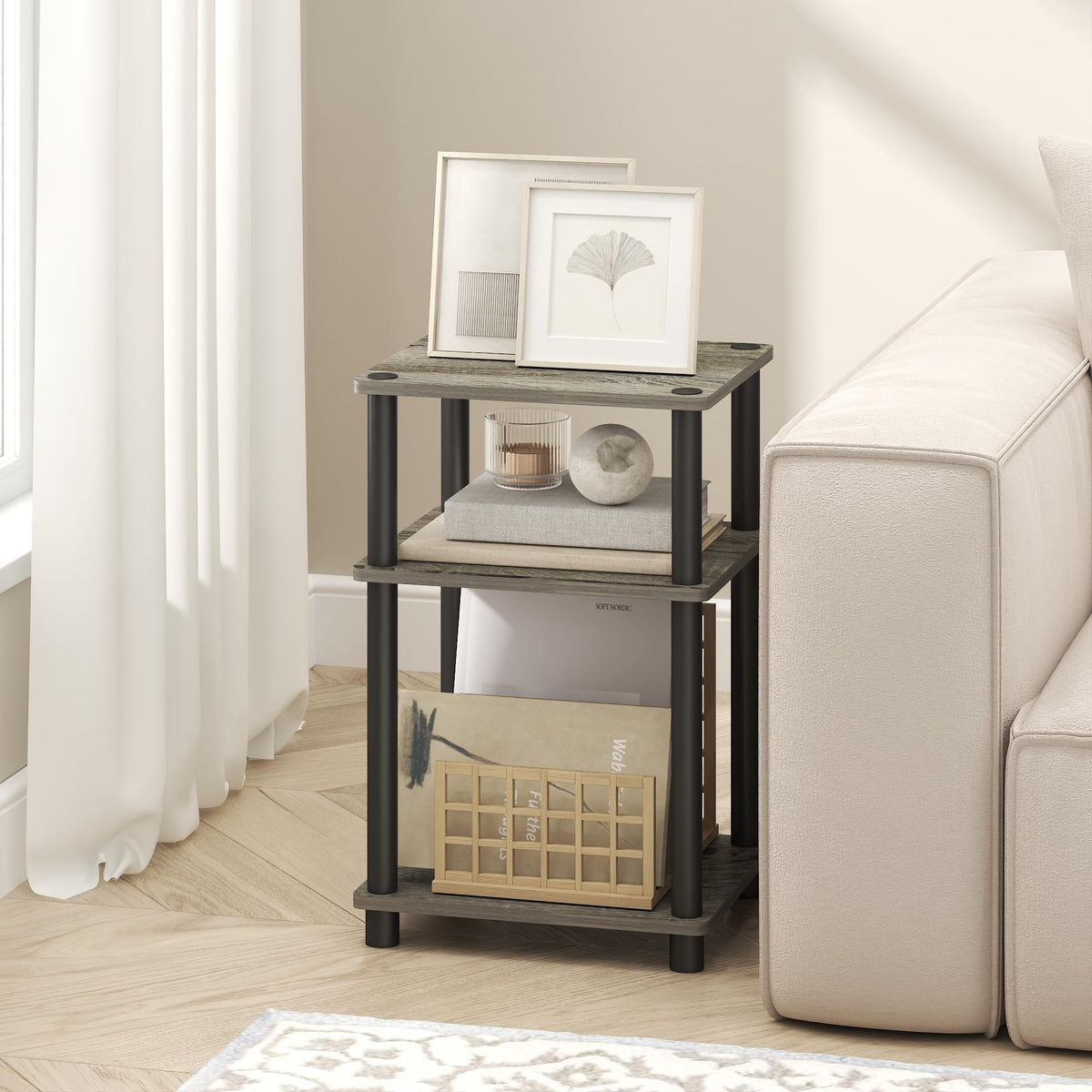 Furinno Turn-N-Tube side table with open shelves for books and decor at hand