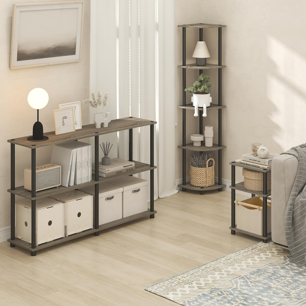 Furinno Turn-N-Tube side-table side view highlighting slim footprint