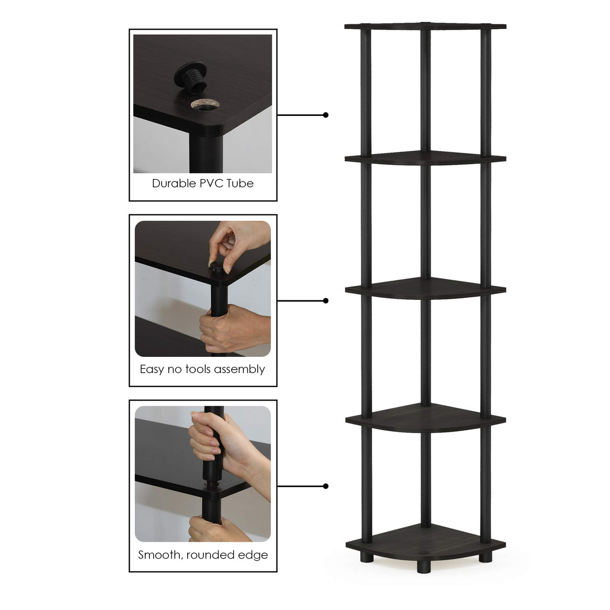 Space-saving corner design fits tight spaces in apartments and dorms.