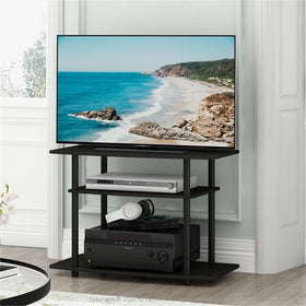 Furinno Turn-N-Tube stand open shelves for media players and decor.