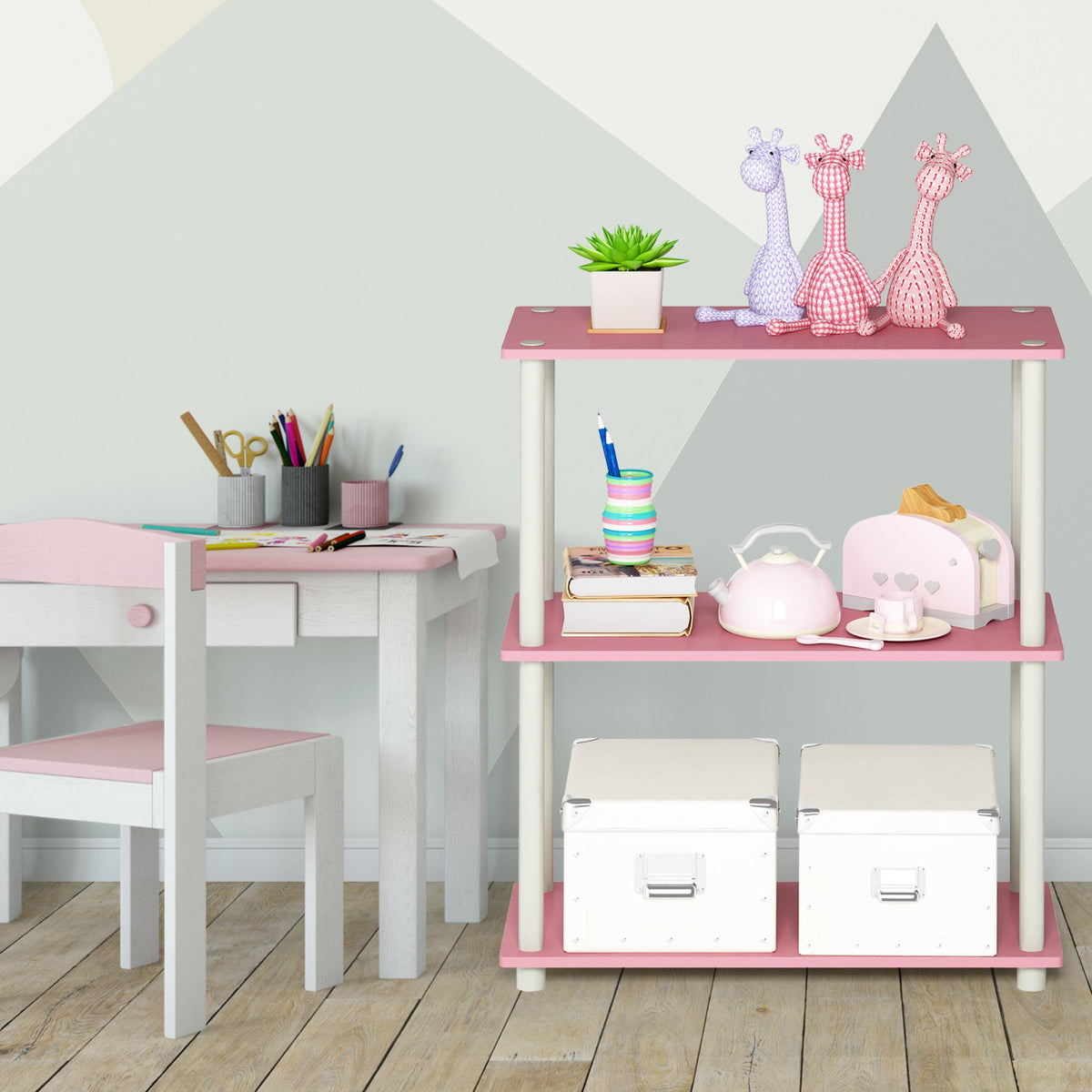 Furinno Turn-N-Tube toolless assembly demo in pink for quick setup.