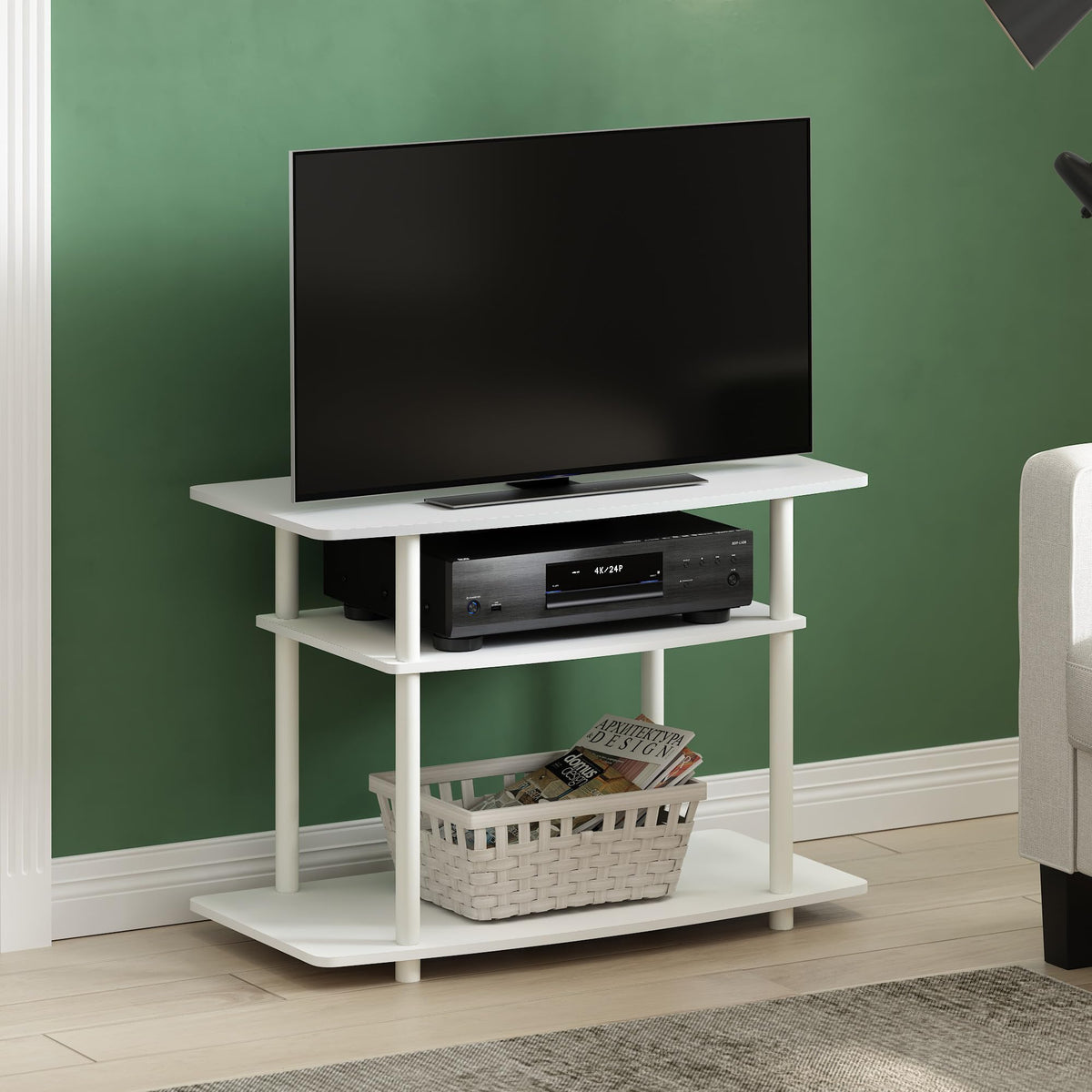 Furinno Turn-N-Tube TV stand with 3-tier shelving ideal for consoles and media.