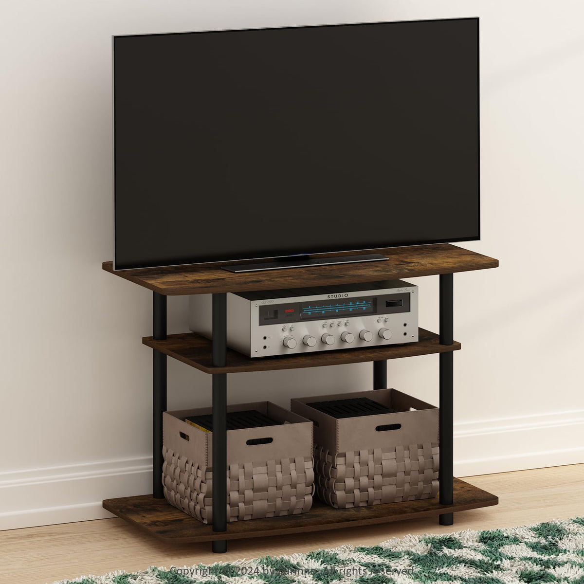 Furinno Turn-N-Tube TV stand Amber Pine open shelves for media devices