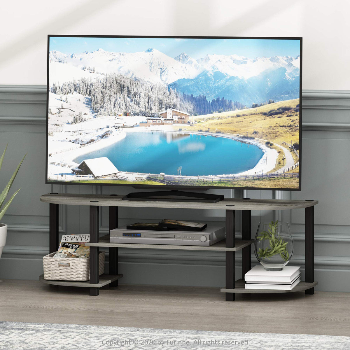 Furinno TURN-S-TUBE TV Stand open middle shelf ideal for consoles and media devices.