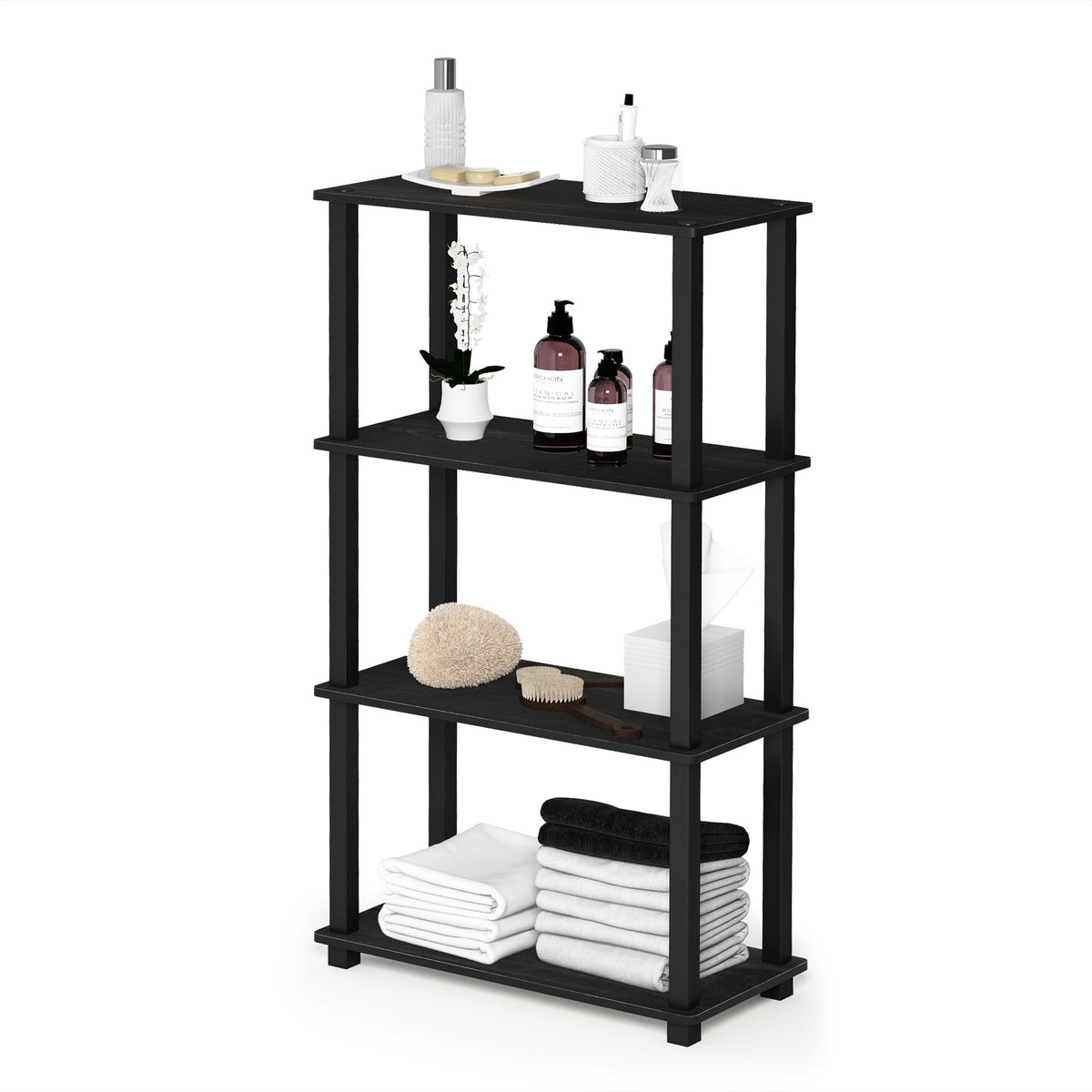 Furinno Turn-N-Tube 4-Tier open shelves for organized living space with tool-free setup.