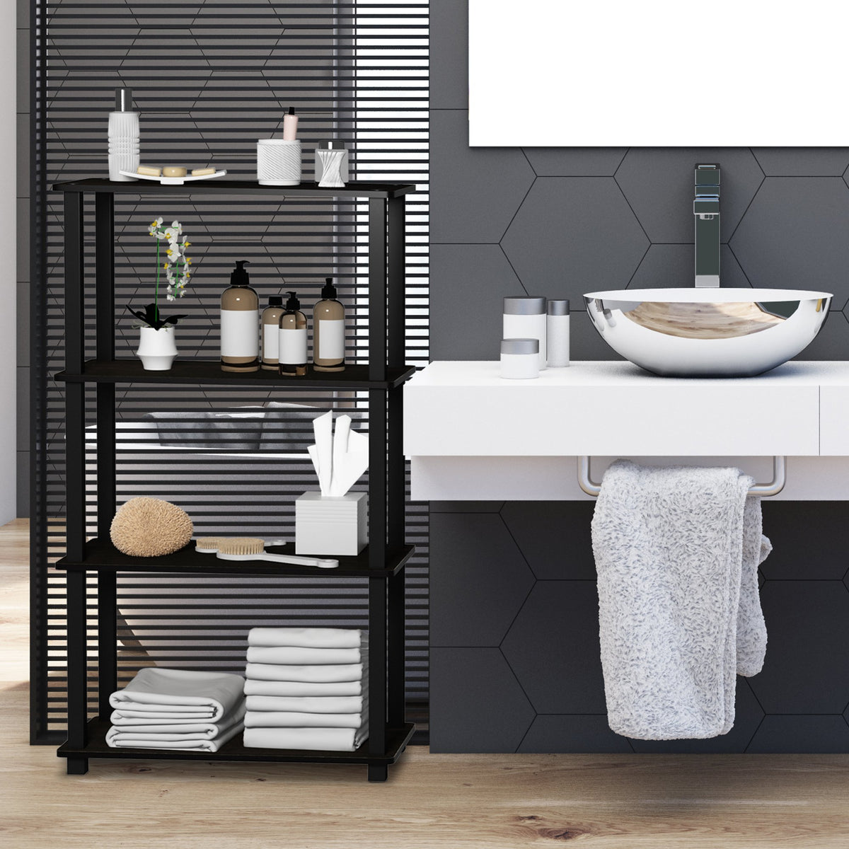 Furinno Turn-N-Tube corner storage shelf fitting neatly in small rooms.