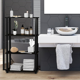 Furinno Turn-N-Tube corner storage shelf fitting neatly in small rooms.