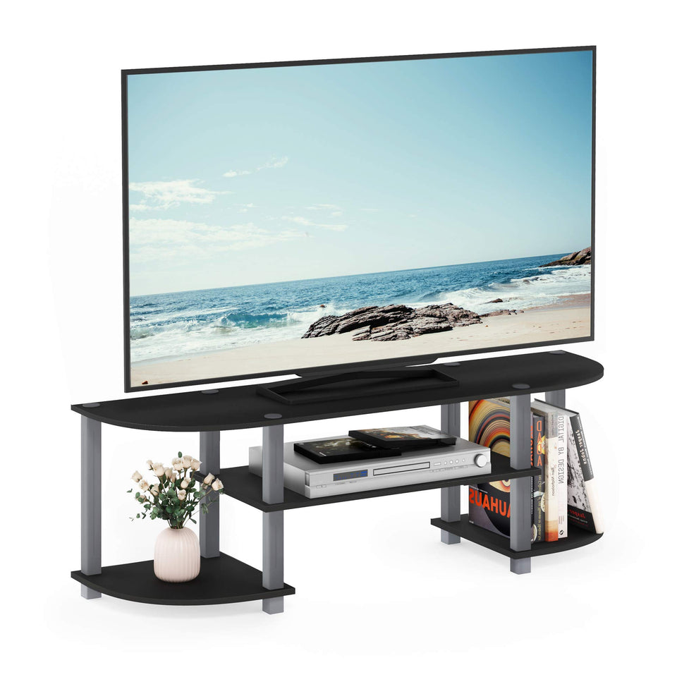 Furinno Turn-S-Tube Wide TV Entertainment Center front view in black and grey illustrating the overall silhouette