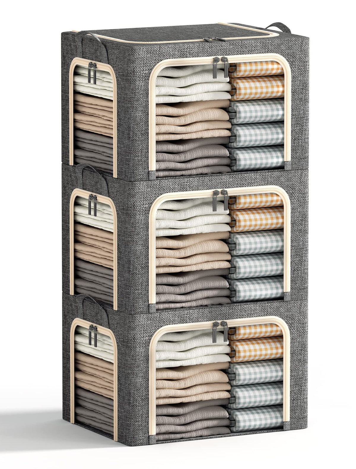 Furnhome 3-opening storage bin with linen fabric and lid for tidy closet organization.