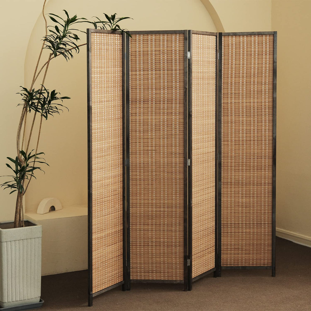 Furnnylane 4 panel divider unfolded for spacious privacy in a living room.