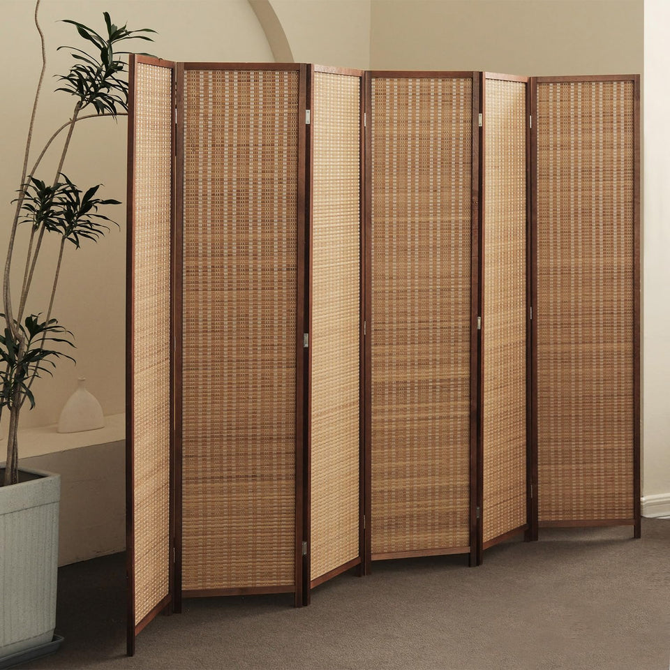 Furnnylane 6-panel bamboo room divider fully open to create private space.