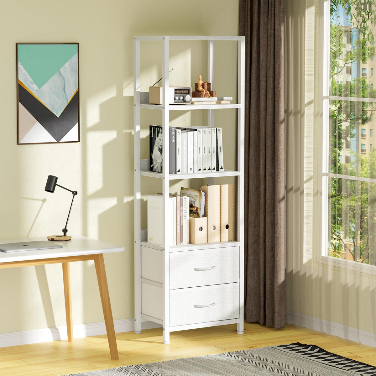 Furnulem 4-Tier Corner Shelf drawers offer hidden storage for small items.