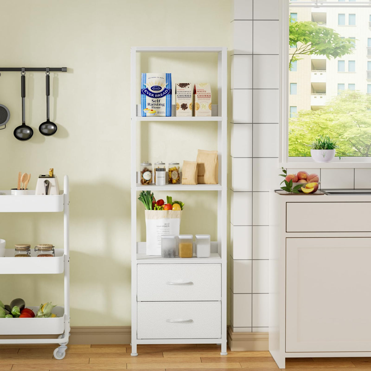 Furnulem 4-Tier Corner Shelf reaches 57 inches for vertical storage.