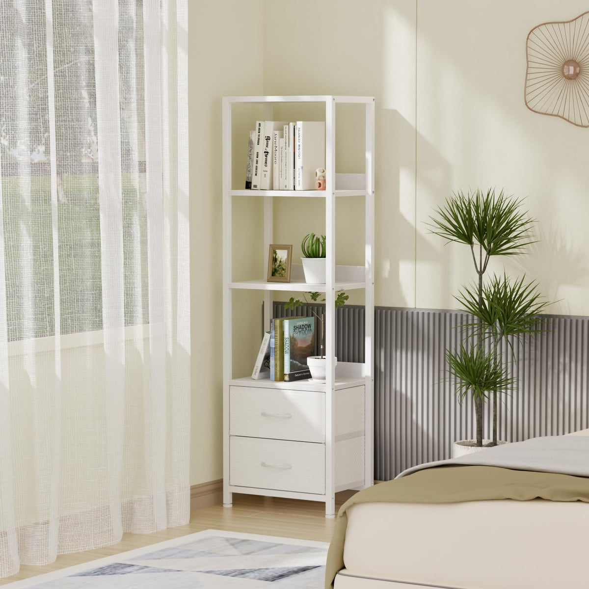 Furnulem 4-Tier Corner Shelf slim, narrow design saves floor space.