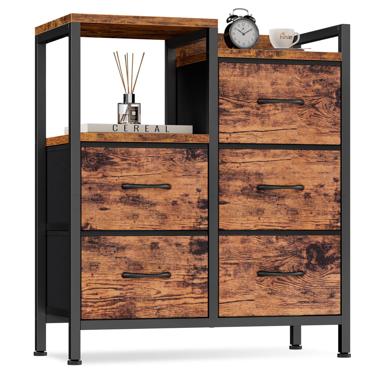 Furnulem 5-drawer rustic brown dresser with fabric drawers for organized bedroom storage